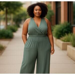 Anthropologie Bionda Plisse Green V Neck Pull On Jumpsuit sz 2X